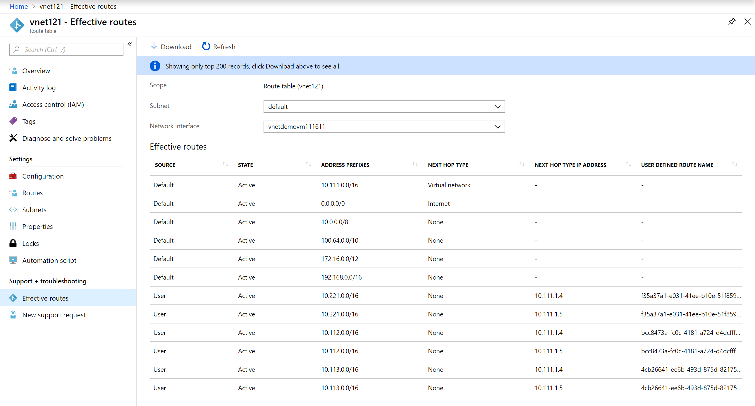 Azure 仮想ネットワークのルーティングテーブルの確認方法 メモログ